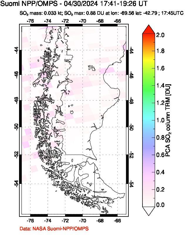 A sulfur dioxide image over Southern Chile on Apr 30, 2024.