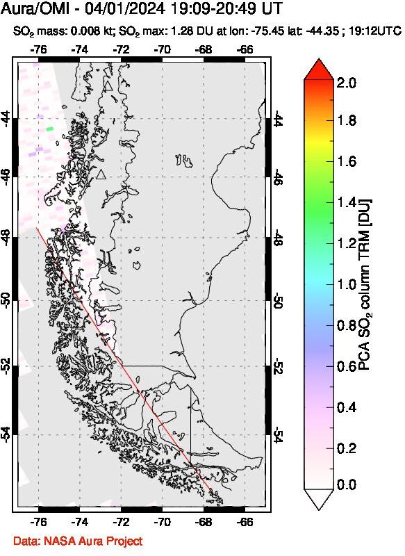 A sulfur dioxide image over Southern Chile on Apr 01, 2024.