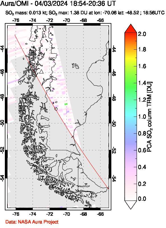 A sulfur dioxide image over Southern Chile on Apr 03, 2024.