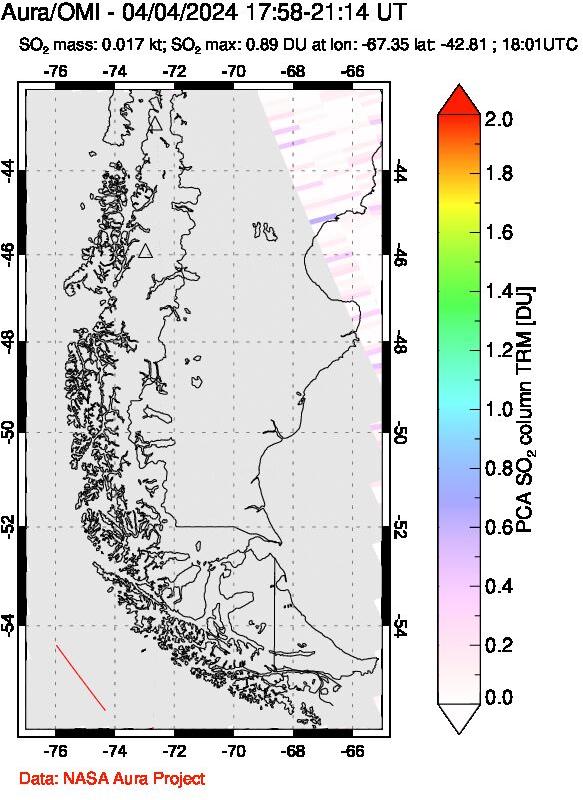 A sulfur dioxide image over Southern Chile on Apr 04, 2024.