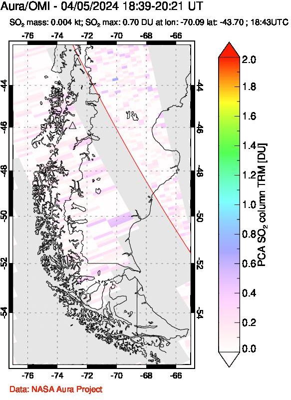 A sulfur dioxide image over Southern Chile on Apr 05, 2024.