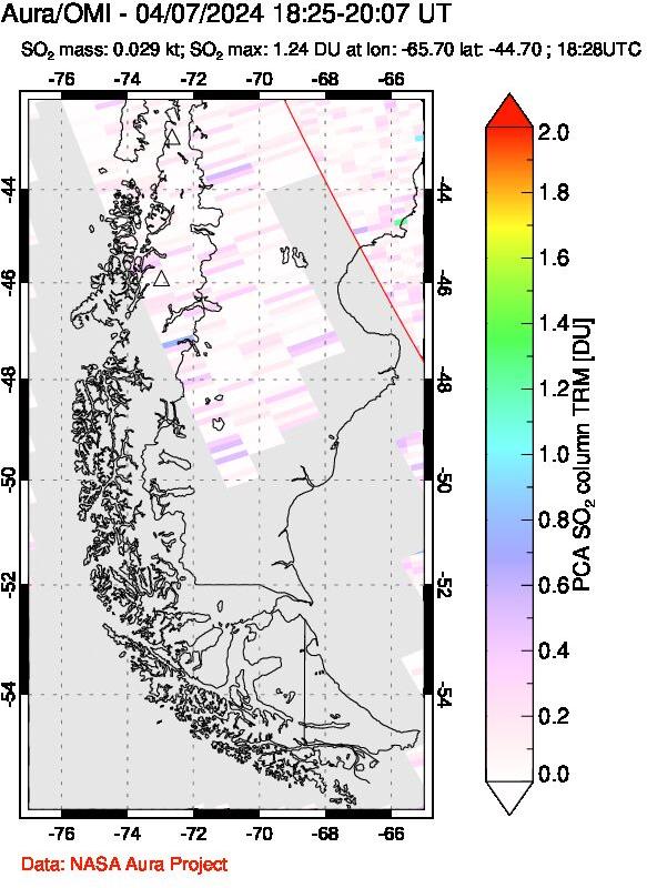 A sulfur dioxide image over Southern Chile on Apr 07, 2024.