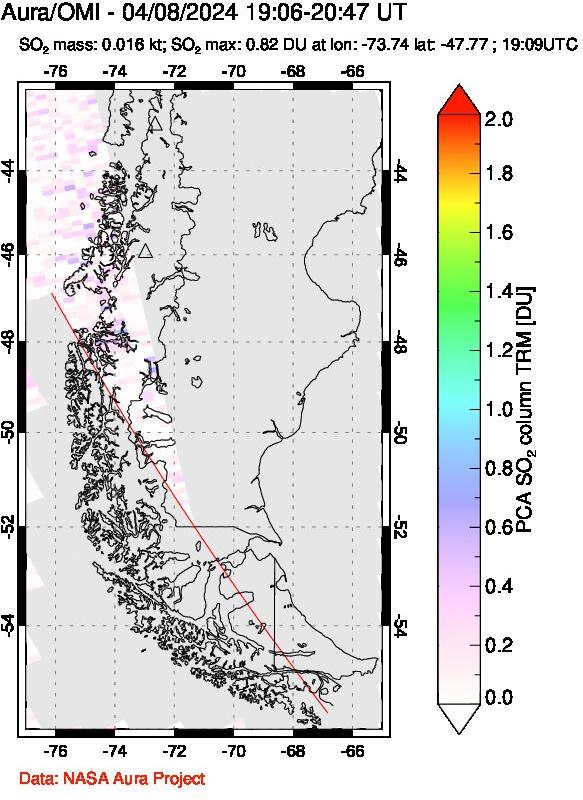 A sulfur dioxide image over Southern Chile on Apr 08, 2024.