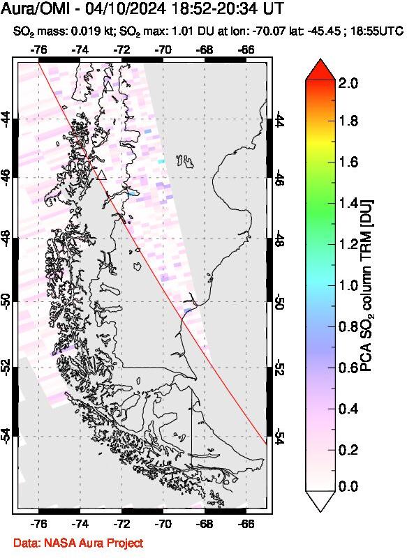 A sulfur dioxide image over Southern Chile on Apr 10, 2024.