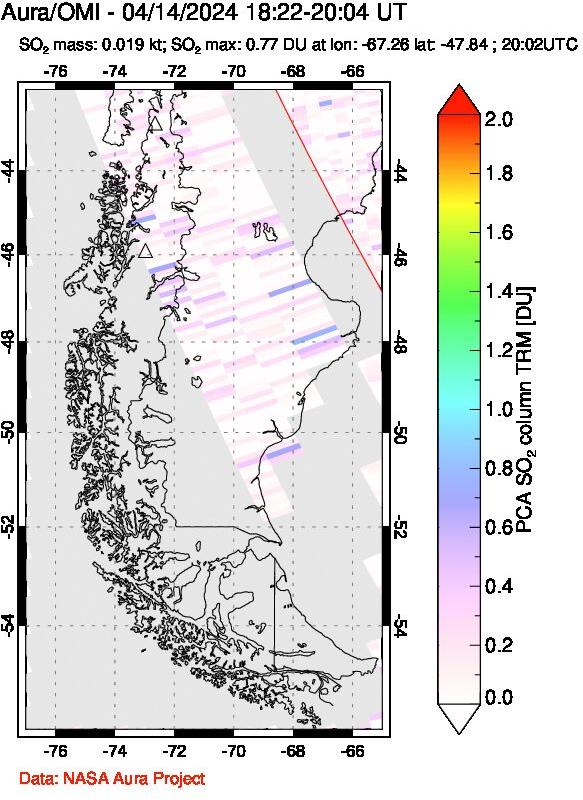 A sulfur dioxide image over Southern Chile on Apr 14, 2024.