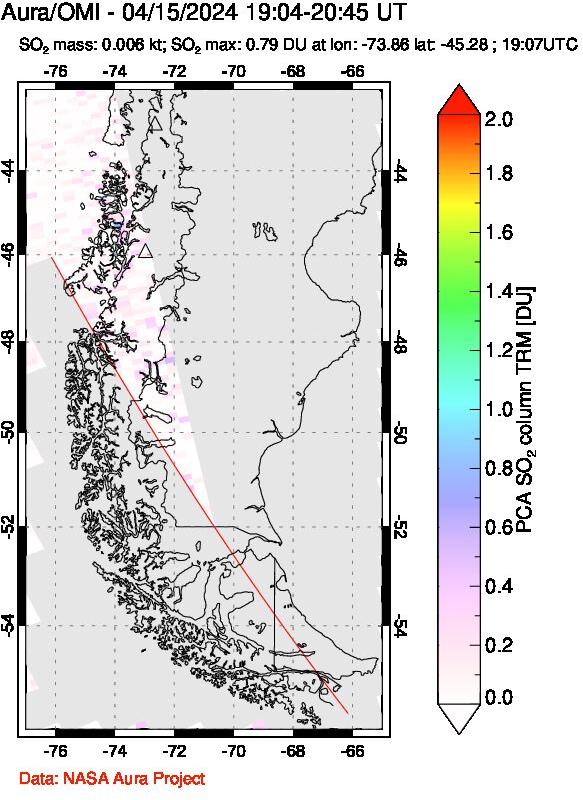 A sulfur dioxide image over Southern Chile on Apr 15, 2024.