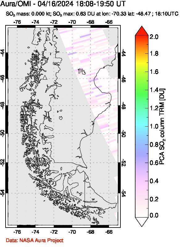 A sulfur dioxide image over Southern Chile on Apr 16, 2024.