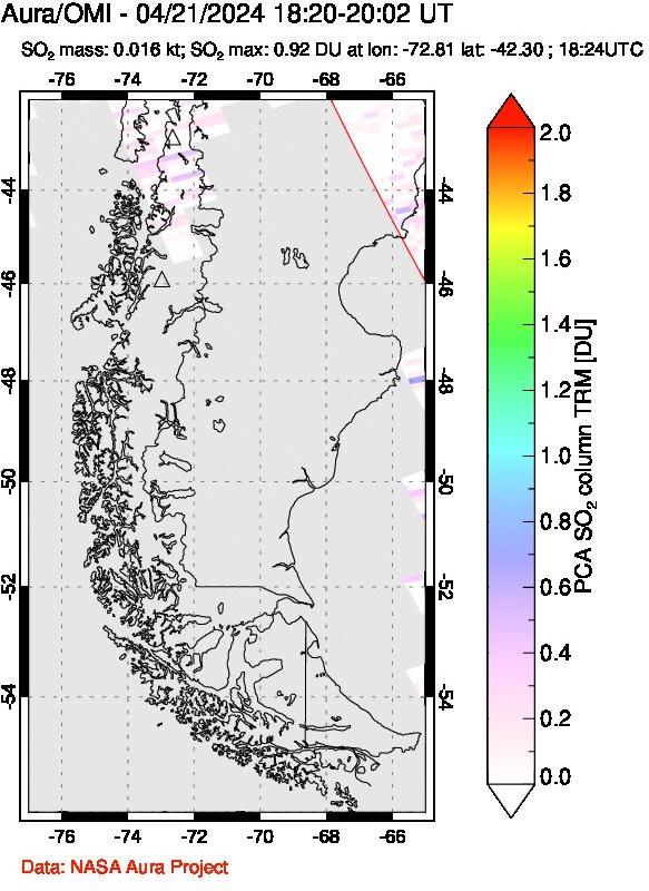 A sulfur dioxide image over Southern Chile on Apr 21, 2024.