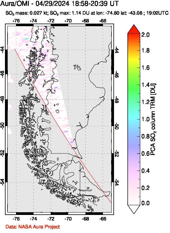 A sulfur dioxide image over Southern Chile on Apr 29, 2024.