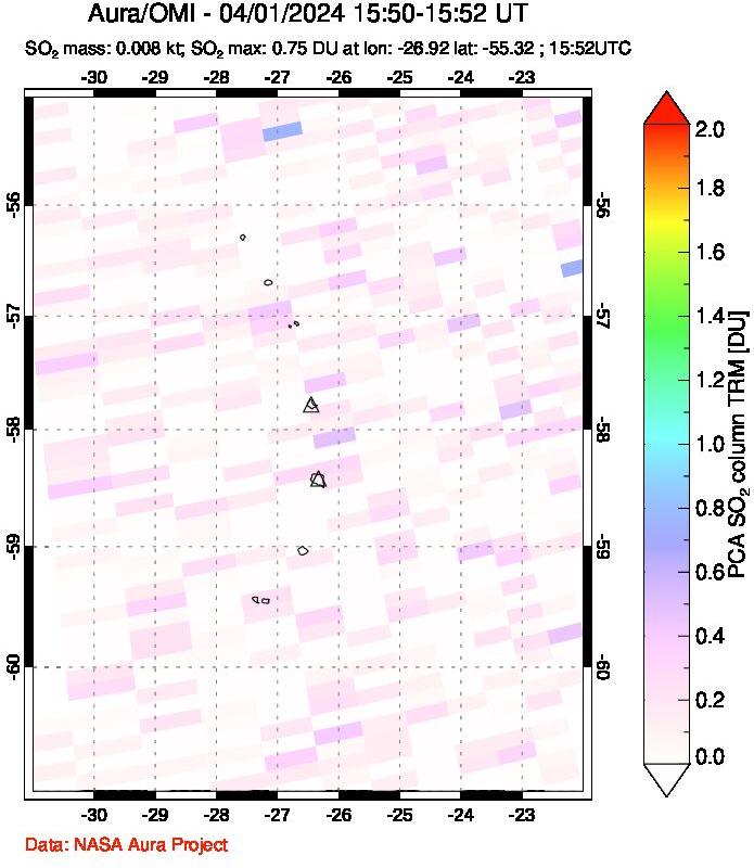 A sulfur dioxide image over South Sandwich Islands, South Atlantic on Apr 01, 2024.