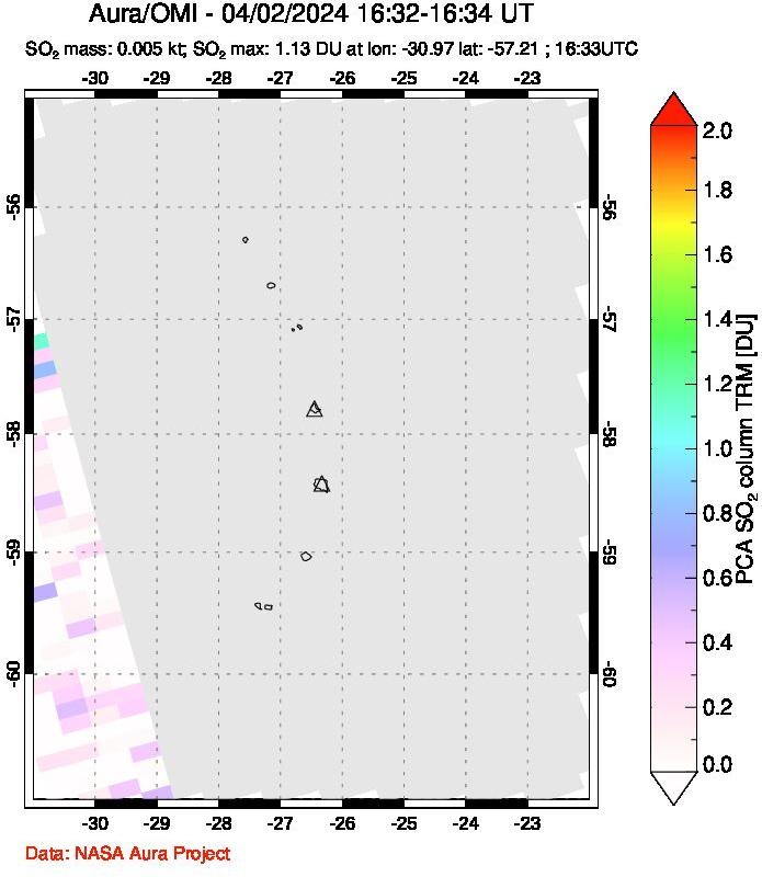 A sulfur dioxide image over South Sandwich Islands, South Atlantic on Apr 02, 2024.