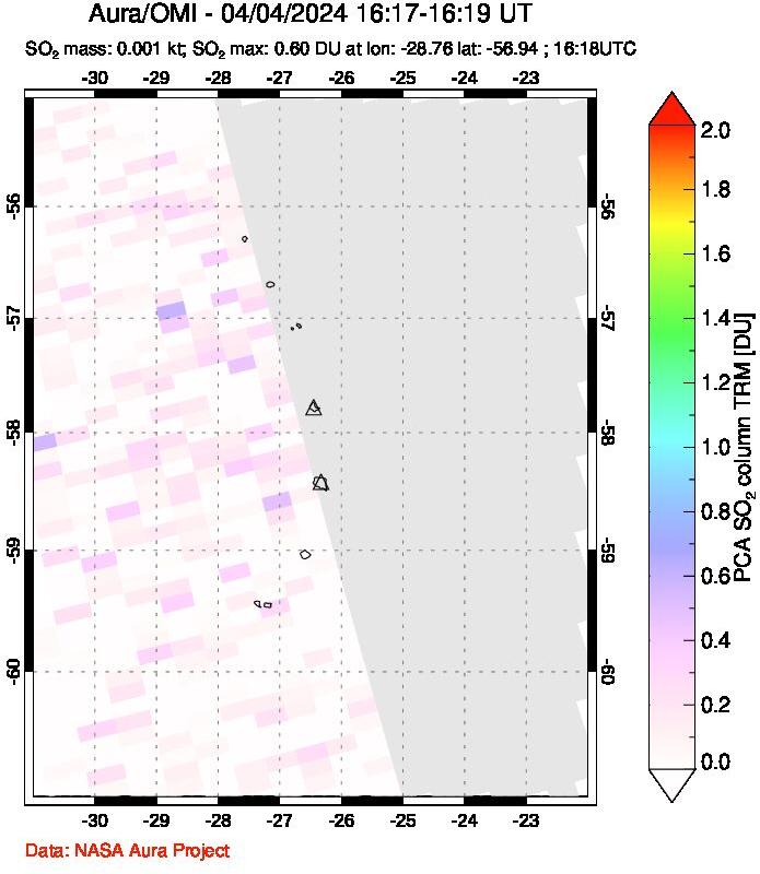 A sulfur dioxide image over South Sandwich Islands, South Atlantic on Apr 04, 2024.