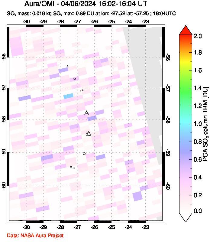 A sulfur dioxide image over South Sandwich Islands, South Atlantic on Apr 06, 2024.