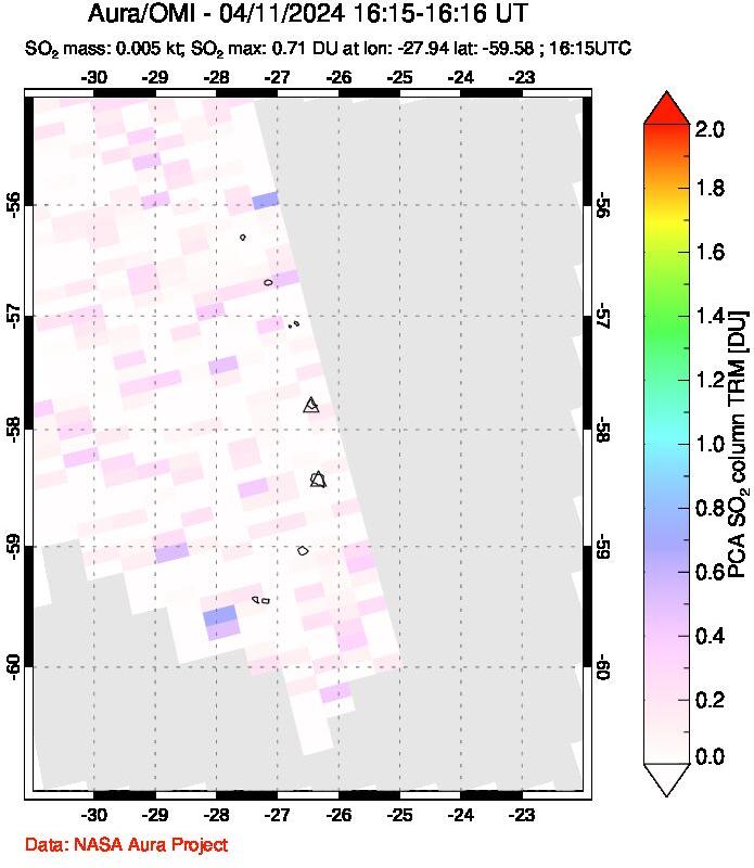 A sulfur dioxide image over South Sandwich Islands, South Atlantic on Apr 11, 2024.