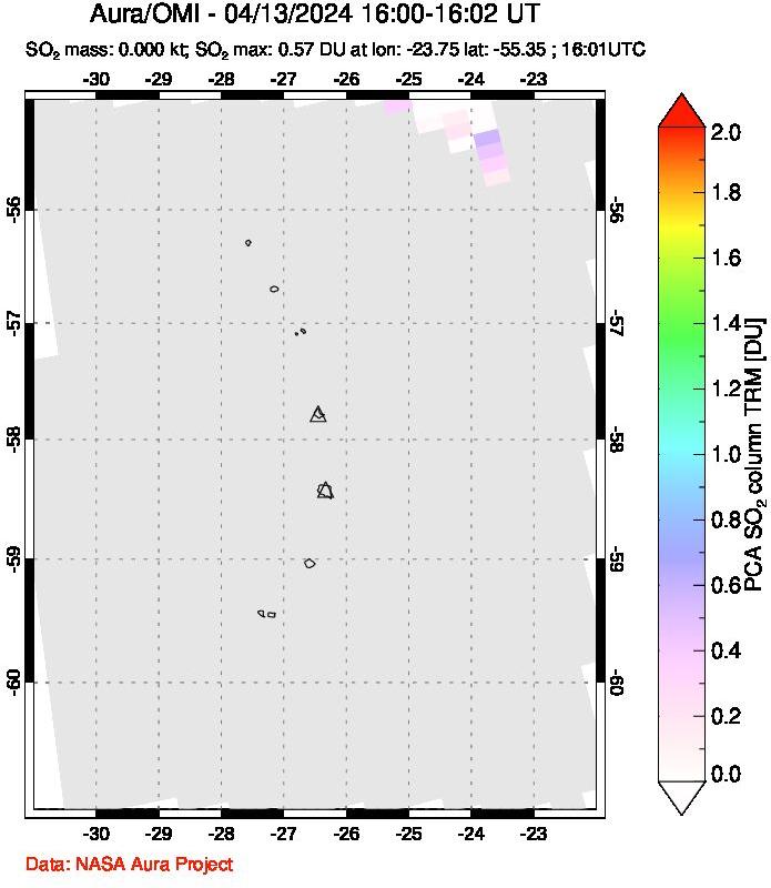 A sulfur dioxide image over South Sandwich Islands, South Atlantic on Apr 13, 2024.