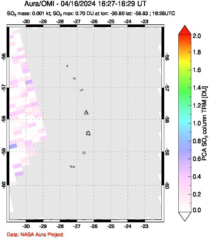 A sulfur dioxide image over South Sandwich Islands, South Atlantic on Apr 16, 2024.