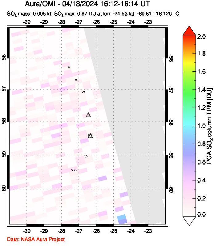 A sulfur dioxide image over South Sandwich Islands, South Atlantic on Apr 18, 2024.