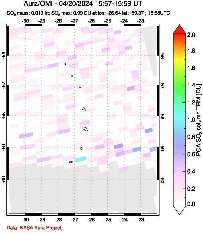 A sulfur dioxide image over South Sandwich Islands, South Atlantic on Apr 20, 2024.