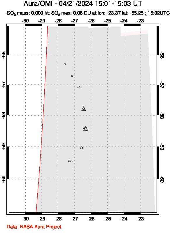 A sulfur dioxide image over South Sandwich Islands, South Atlantic on Apr 21, 2024.