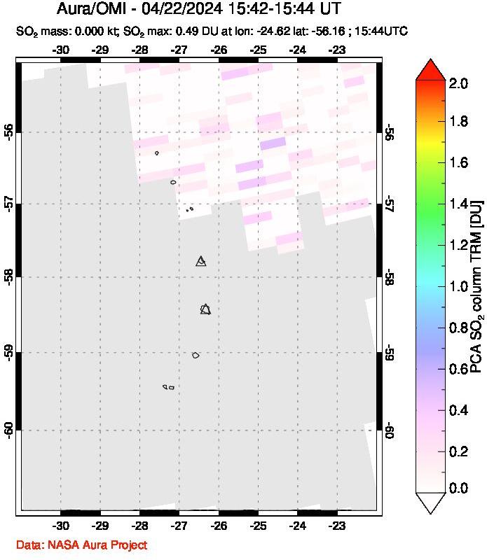 A sulfur dioxide image over South Sandwich Islands, South Atlantic on Apr 22, 2024.