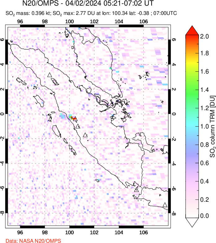 A sulfur dioxide image over Sumatra, Indonesia on Apr 02, 2024.