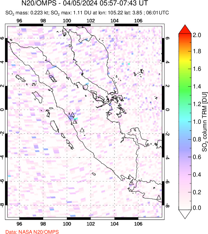 A sulfur dioxide image over Sumatra, Indonesia on Apr 05, 2024.