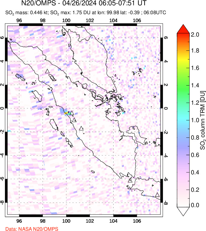 A sulfur dioxide image over Sumatra, Indonesia on Apr 26, 2024.