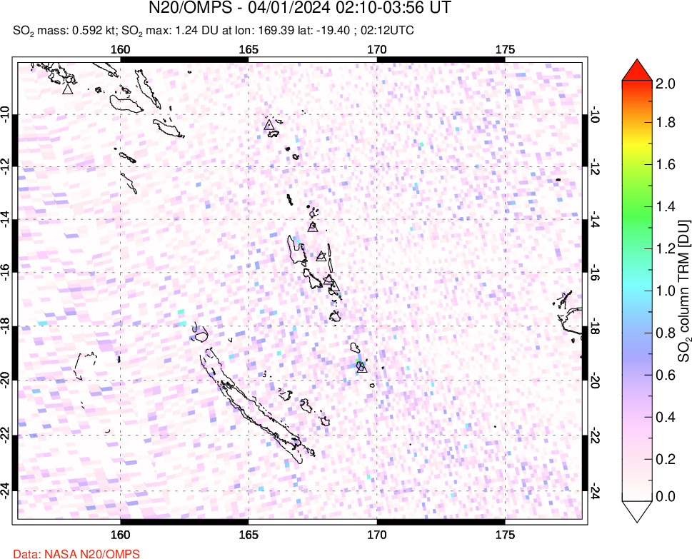 A sulfur dioxide image over Vanuatu, South Pacific on Apr 01, 2024.