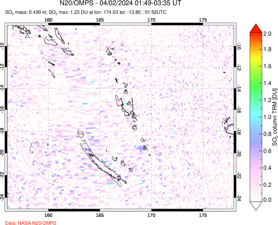 A sulfur dioxide image over Vanuatu, South Pacific on Apr 02, 2024.