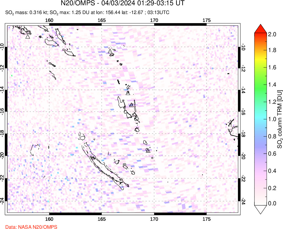 A sulfur dioxide image over Vanuatu, South Pacific on Apr 03, 2024.