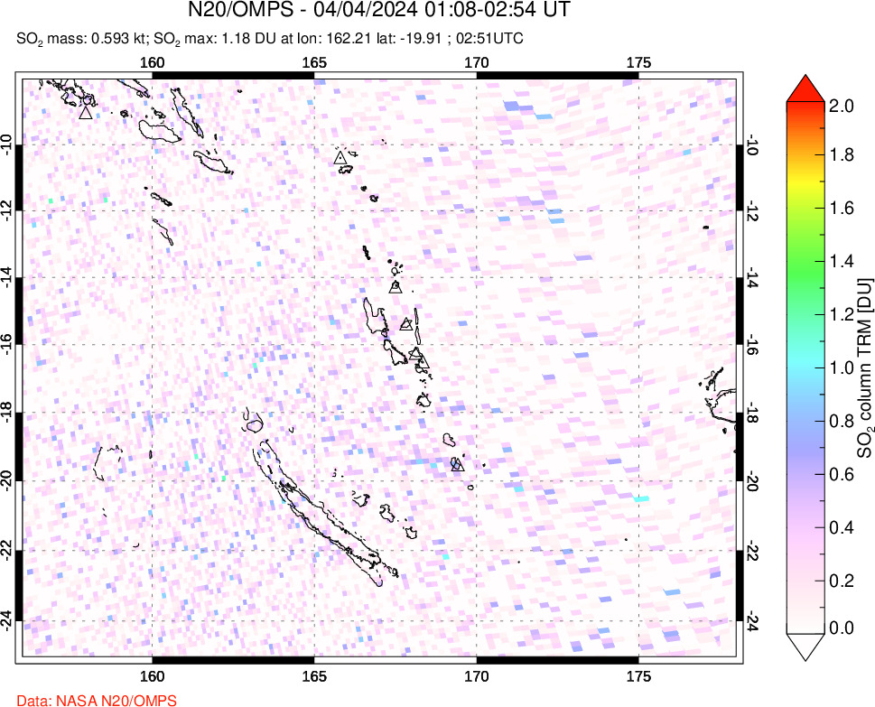 A sulfur dioxide image over Vanuatu, South Pacific on Apr 04, 2024.