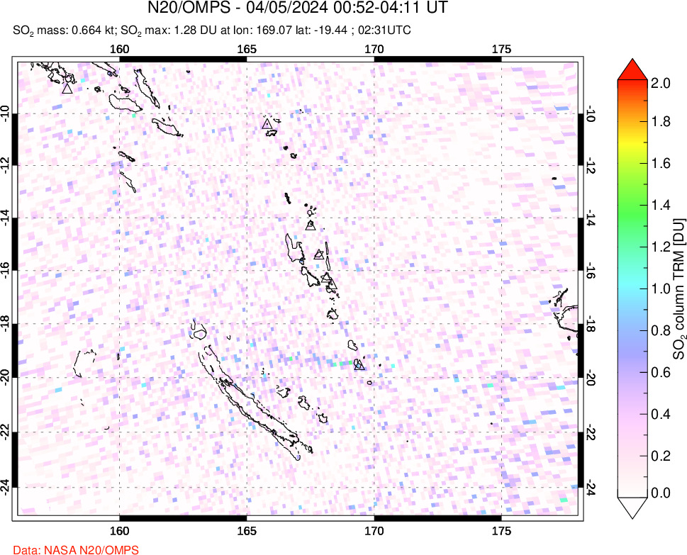 A sulfur dioxide image over Vanuatu, South Pacific on Apr 05, 2024.