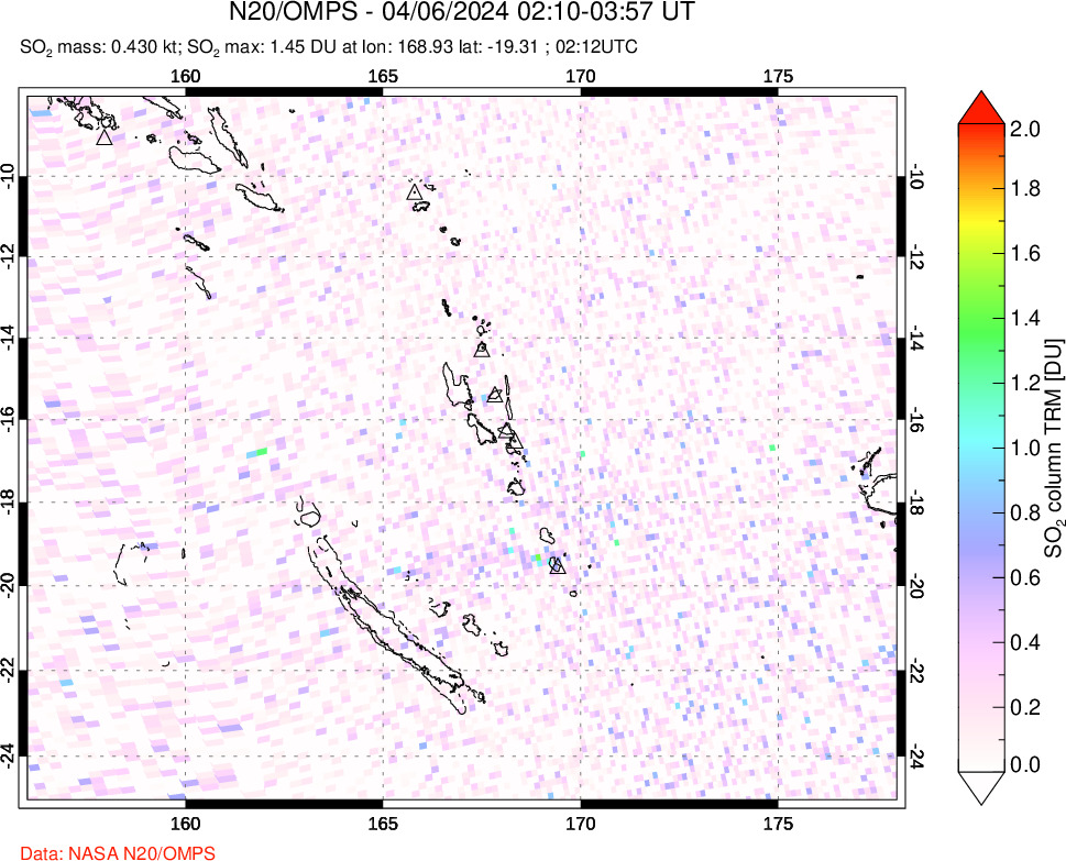 A sulfur dioxide image over Vanuatu, South Pacific on Apr 06, 2024.