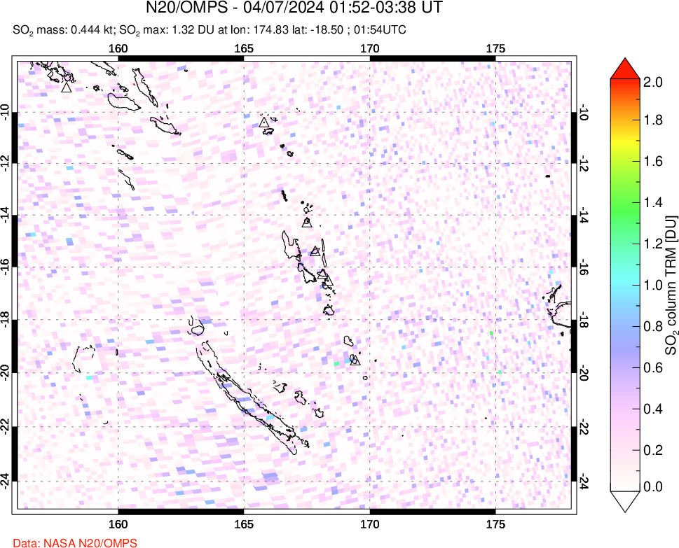 A sulfur dioxide image over Vanuatu, South Pacific on Apr 07, 2024.