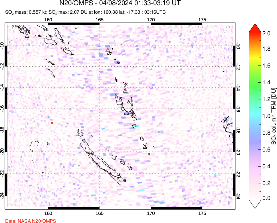 A sulfur dioxide image over Vanuatu, South Pacific on Apr 08, 2024.