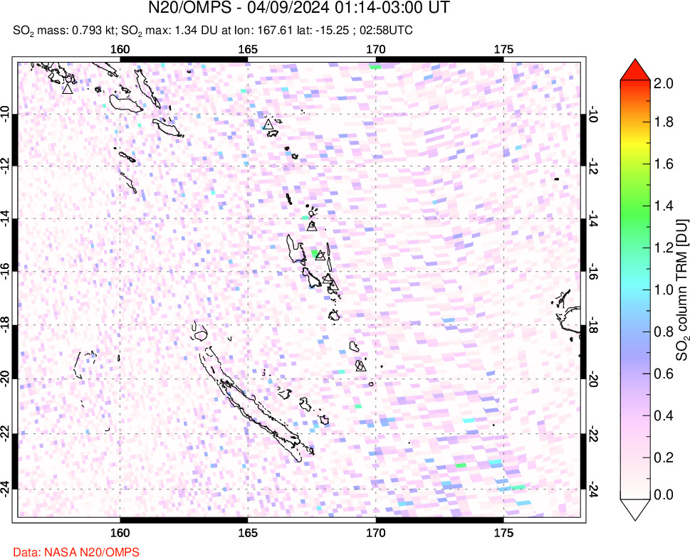 A sulfur dioxide image over Vanuatu, South Pacific on Apr 09, 2024.