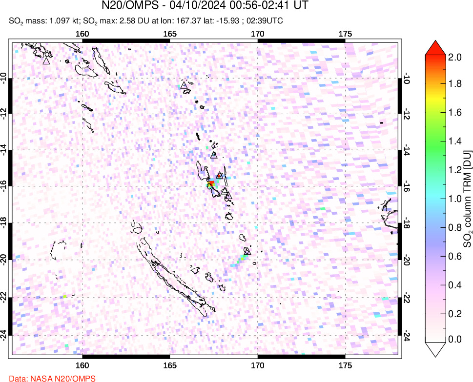 A sulfur dioxide image over Vanuatu, South Pacific on Apr 10, 2024.