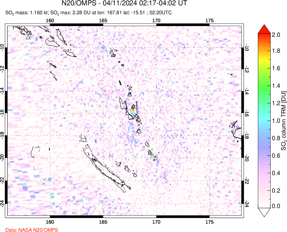 A sulfur dioxide image over Vanuatu, South Pacific on Apr 11, 2024.