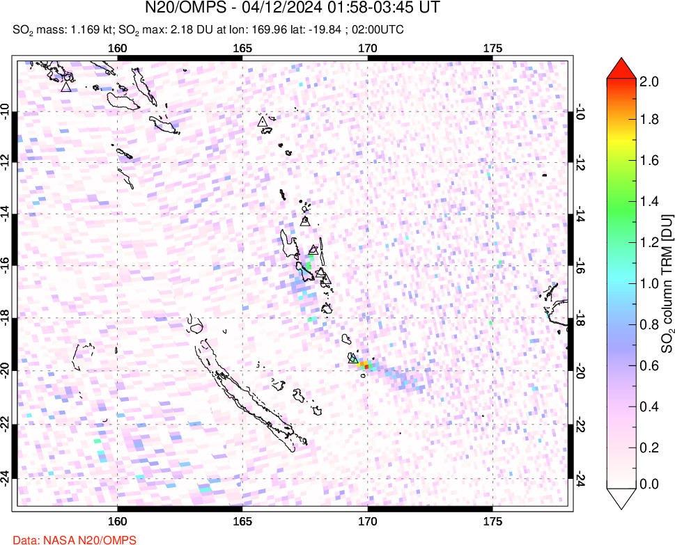 A sulfur dioxide image over Vanuatu, South Pacific on Apr 12, 2024.