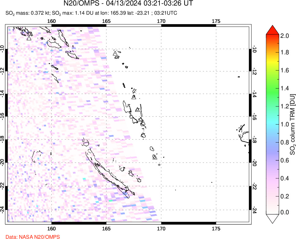 A sulfur dioxide image over Vanuatu, South Pacific on Apr 13, 2024.