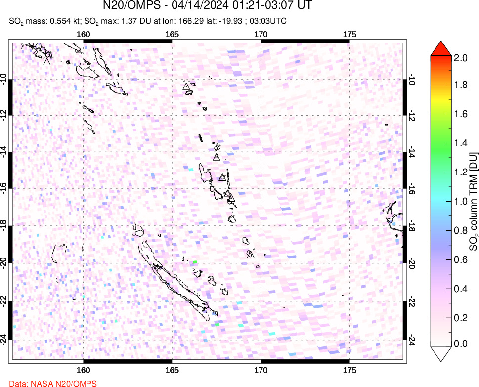 A sulfur dioxide image over Vanuatu, South Pacific on Apr 14, 2024.