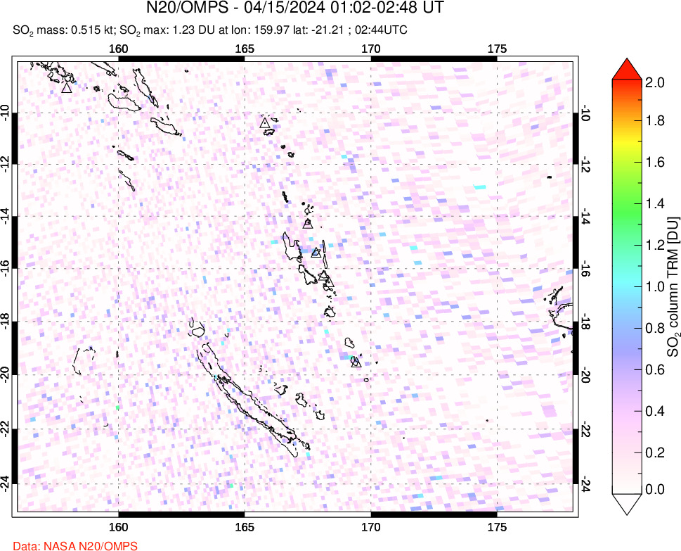 A sulfur dioxide image over Vanuatu, South Pacific on Apr 15, 2024.