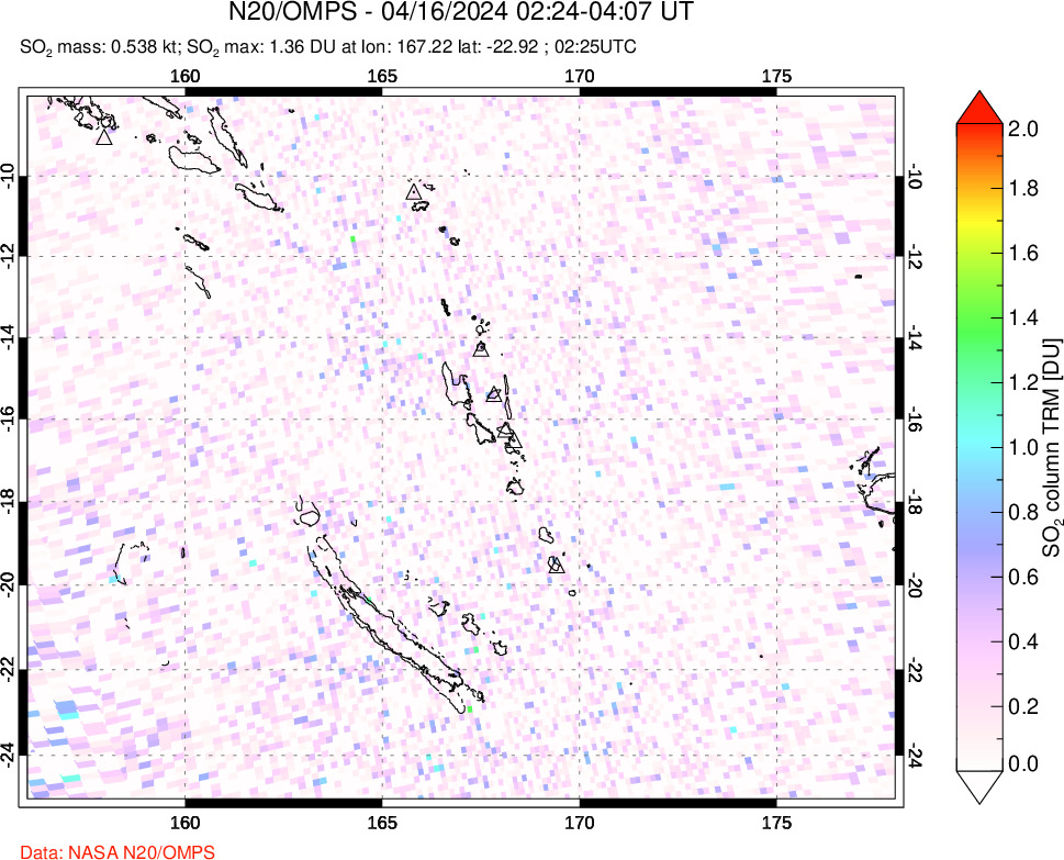 A sulfur dioxide image over Vanuatu, South Pacific on Apr 16, 2024.