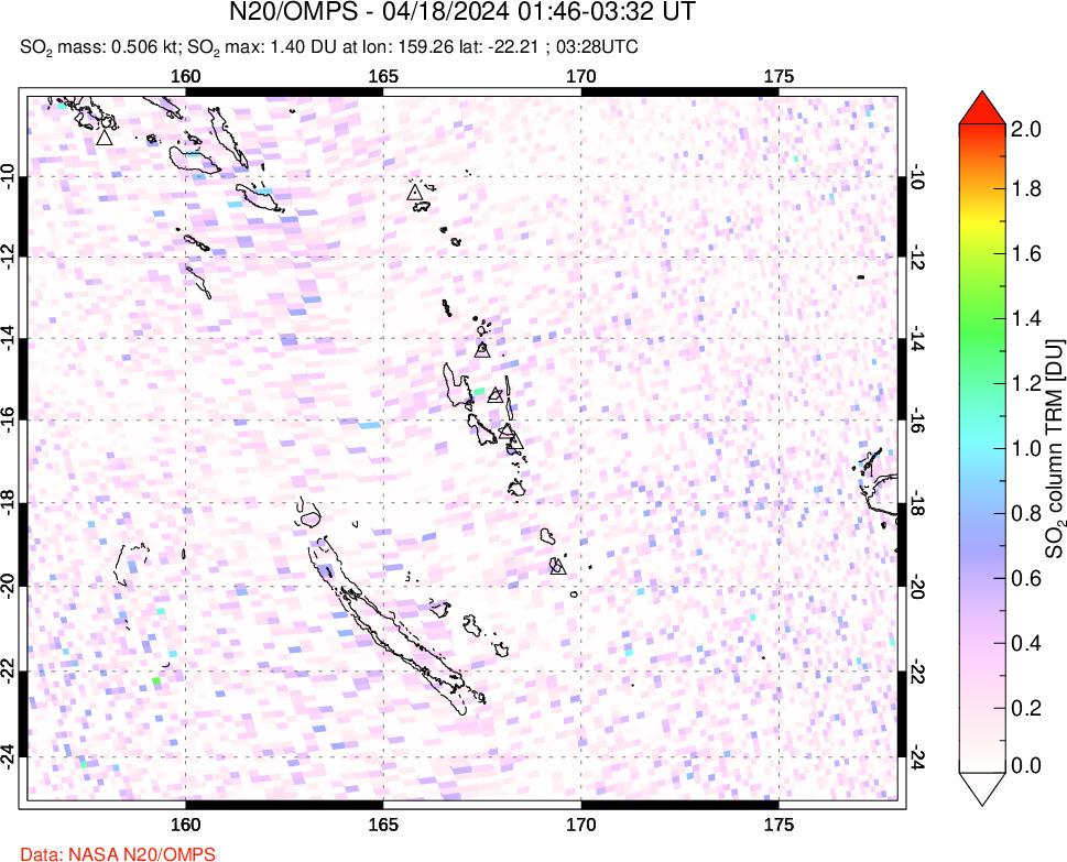 A sulfur dioxide image over Vanuatu, South Pacific on Apr 18, 2024.