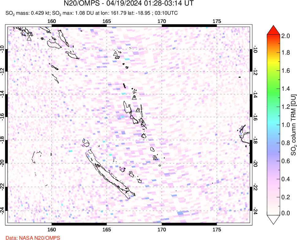 A sulfur dioxide image over Vanuatu, South Pacific on Apr 19, 2024.