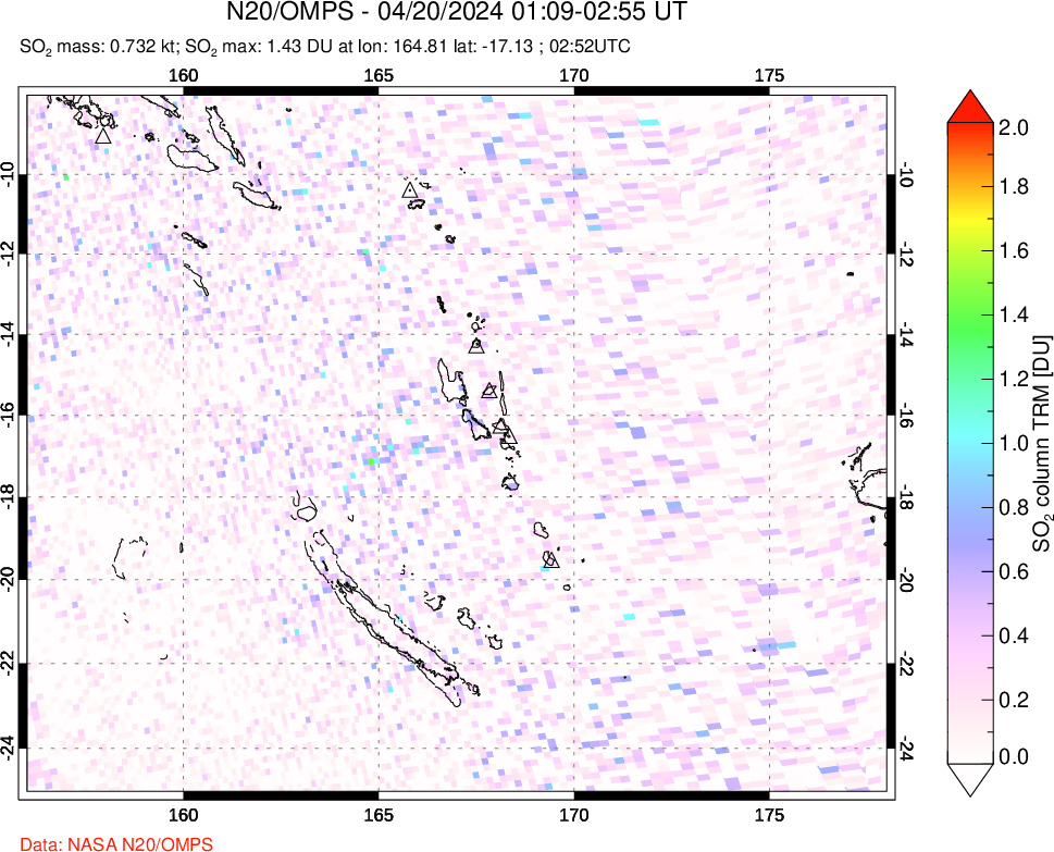 A sulfur dioxide image over Vanuatu, South Pacific on Apr 20, 2024.