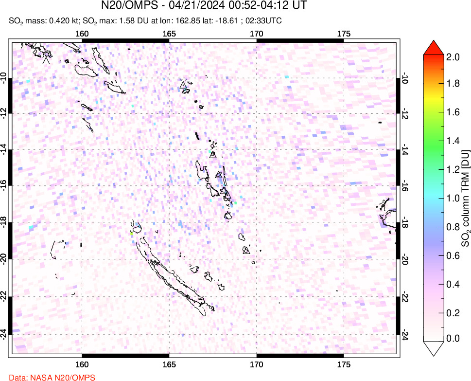 A sulfur dioxide image over Vanuatu, South Pacific on Apr 21, 2024.