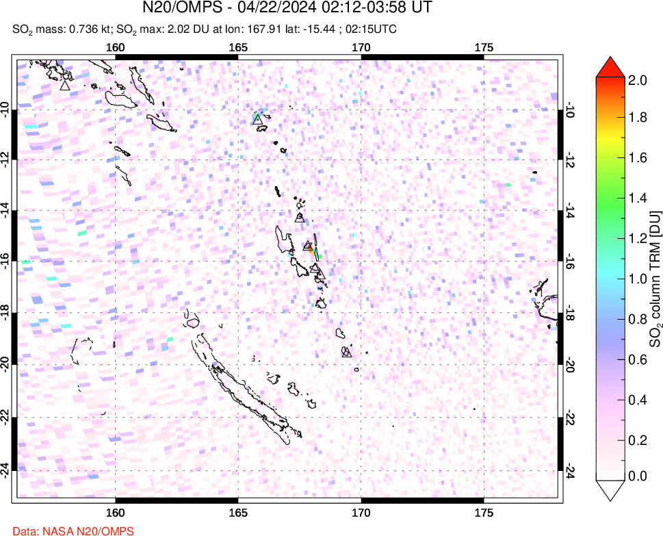 A sulfur dioxide image over Vanuatu, South Pacific on Apr 22, 2024.