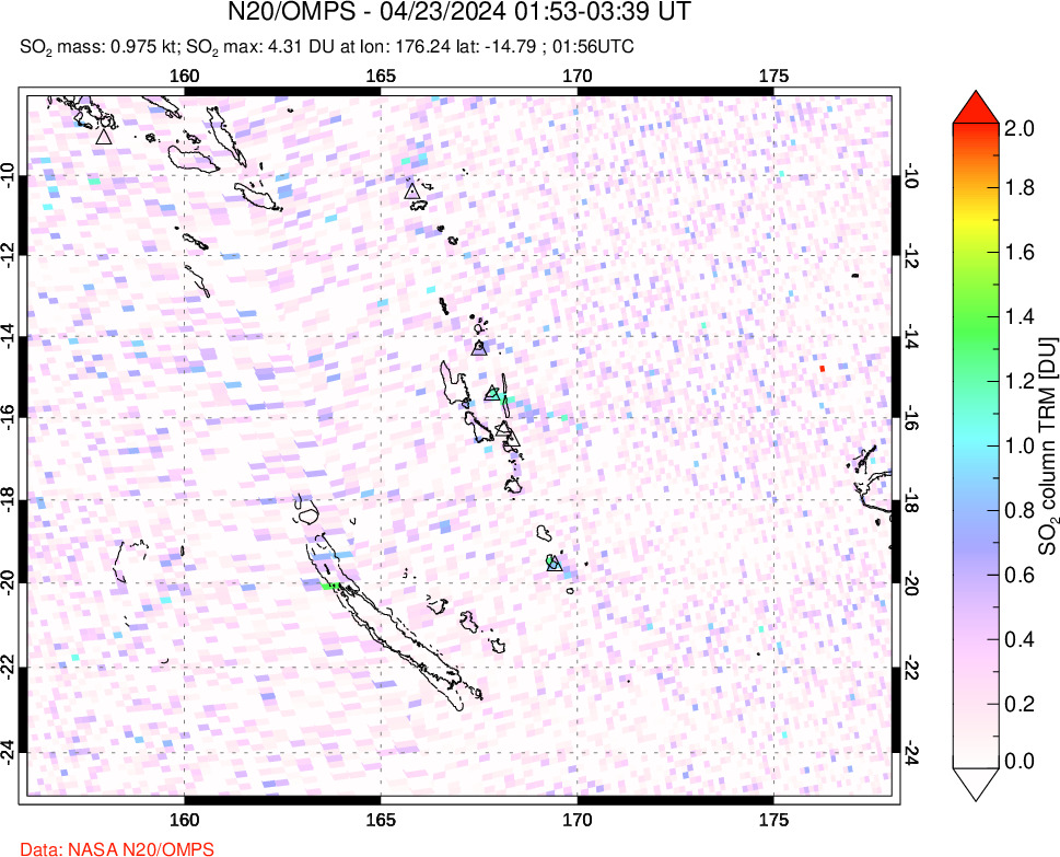 A sulfur dioxide image over Vanuatu, South Pacific on Apr 23, 2024.