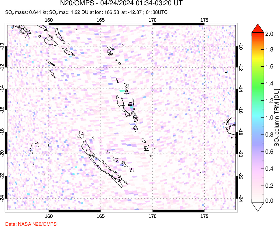 A sulfur dioxide image over Vanuatu, South Pacific on Apr 24, 2024.